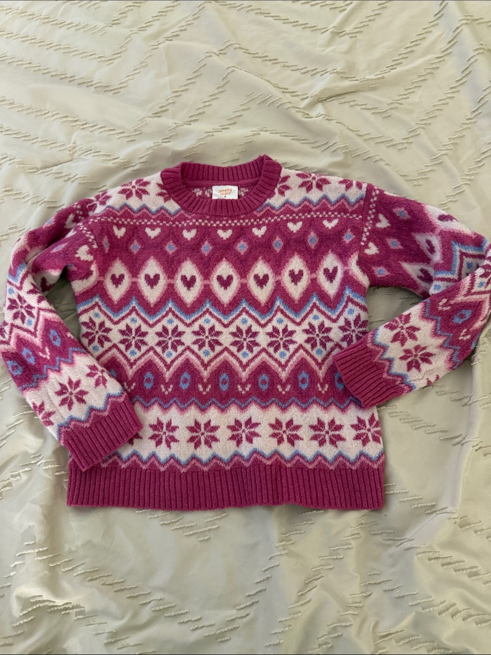 jumping beans Pink Fair Isle Crewneck Sweater with Blue & Cream Accents